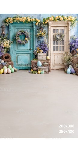 Tło fotograficzne „Wiosenne drzwi z pastelową dekoracją i pisankami” | E633